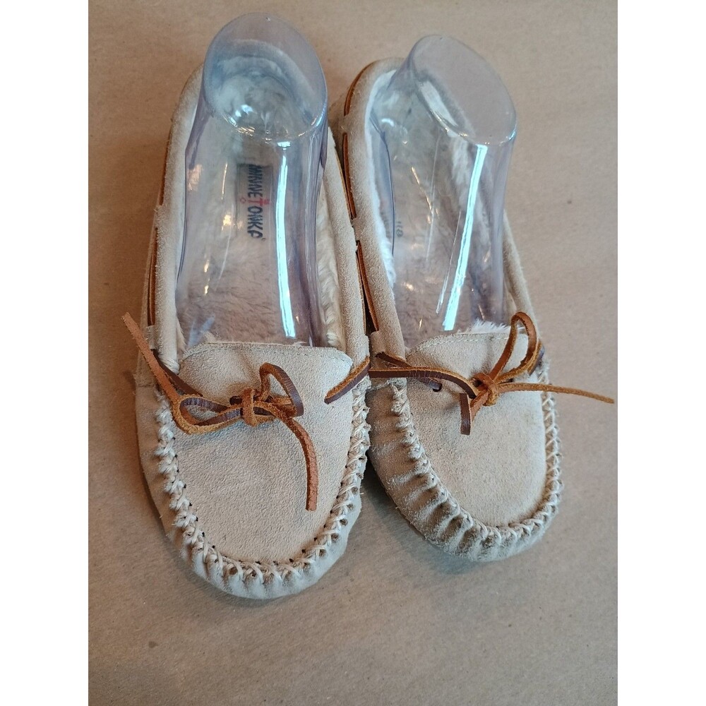 Minnetonka Britt Trapper Suede Faux Fur Moccasin Slippers Tan Women's Size 9